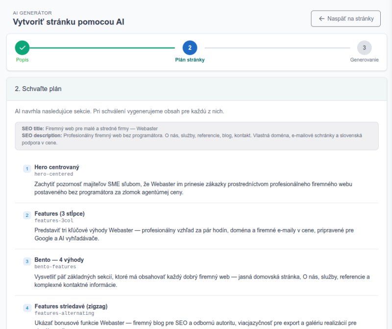 Výsledok AI generovania – stránka s navrhnutými sekciami a textami
