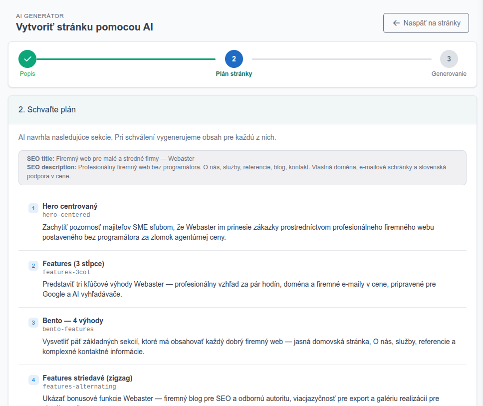Výsledok AI generovania – stránka s navrhnutými sekciami a textami